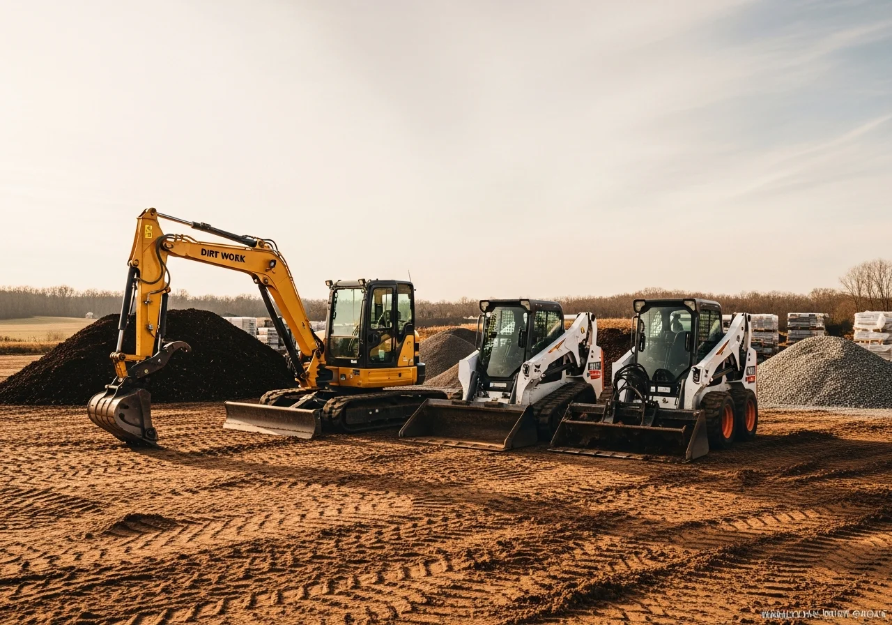 Outdoor equipment and tools arranged on a job site, representing land clearing and grading services.