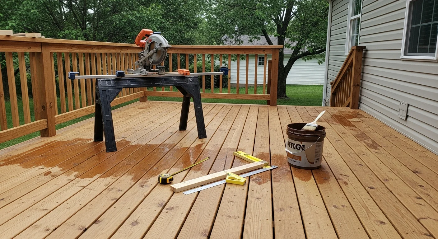 Well-maintained residential deck overlooking a backyard