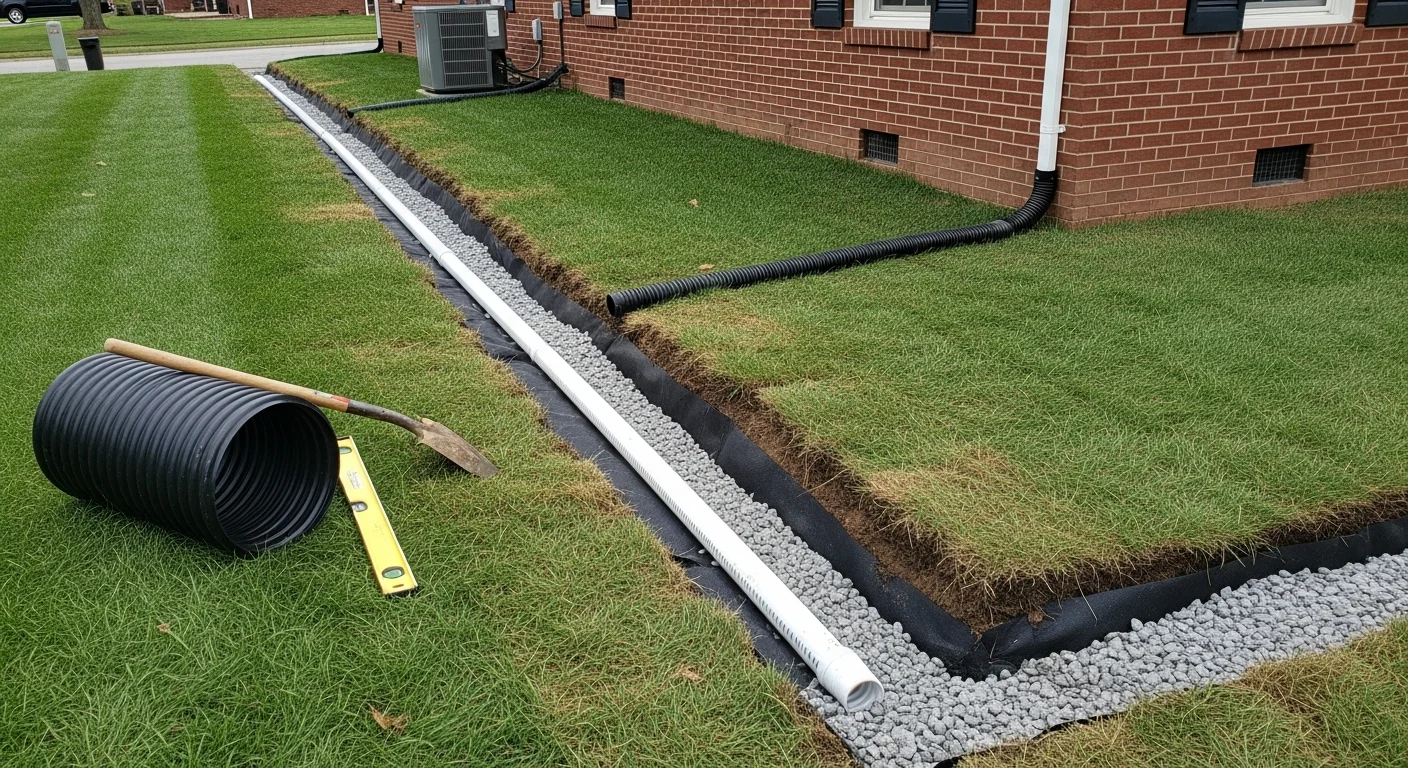 Installed French drain system directing water away from property