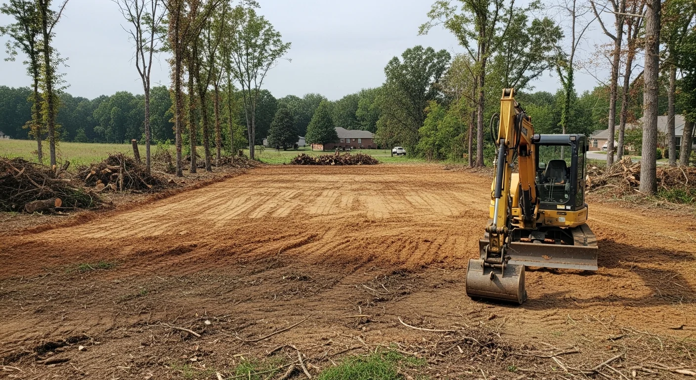 Heavy equipment performing land clearing and grading work on a property