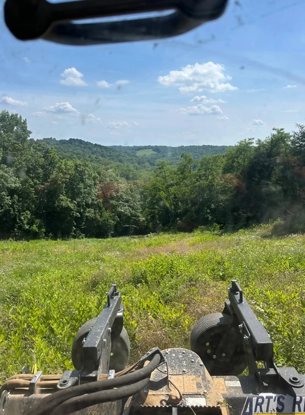 Cleared land with green field, tree line, and excavation equipment in foreground