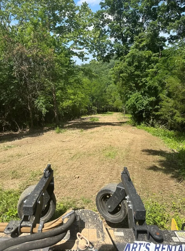 Cleared dirt lot with grading equipment and surrounding mature trees