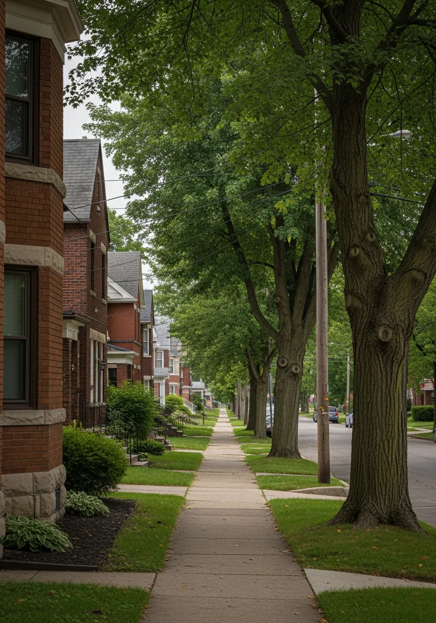 Dayton residential neighborhood with brick homes and tree-lined street.