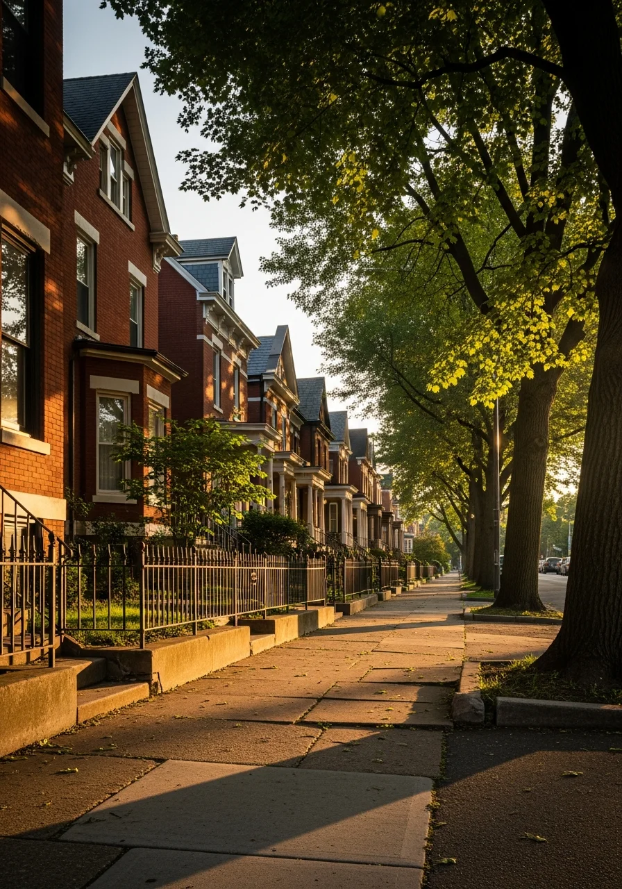 Louisville residential street with brick homes and mature trees.