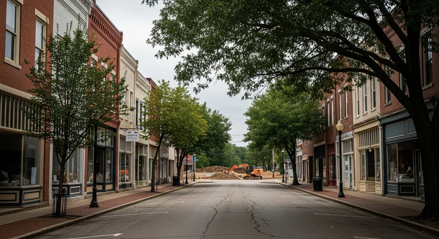 Historic downtown Sparta storefront with brick buildings and tree-lined street.