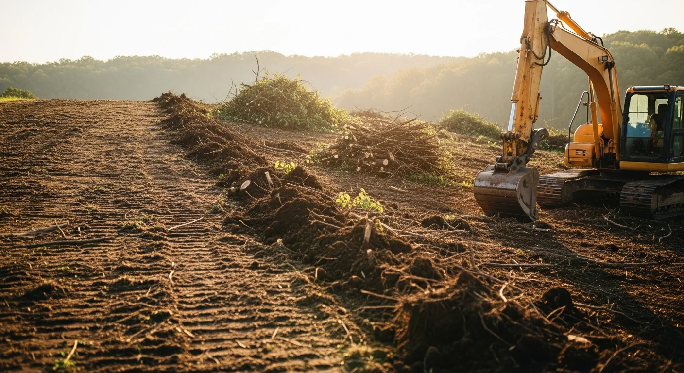 A cleared residential lot in Sparta, KY showing open ground after brush and scrub vegetation removal by Hamilton's Dirt Works. Fence lines are visible and the site is free of debris, ready for grading or construction.