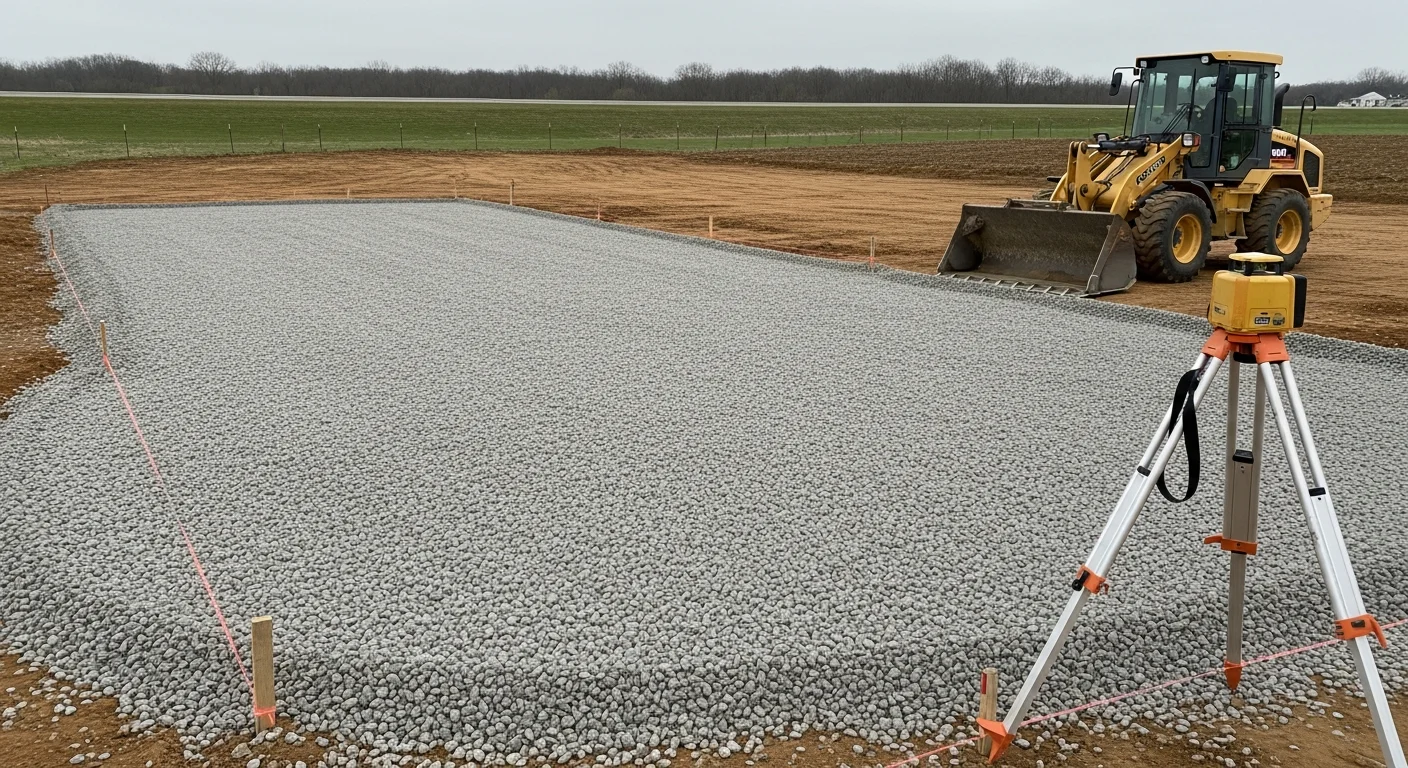 A freshly graded and compacted commercial driveway at a business property in Sparta, KY, with clean defined edges and a level surface ready for vehicle traffic. The surrounding site shows proper slope for drainage away from the building.