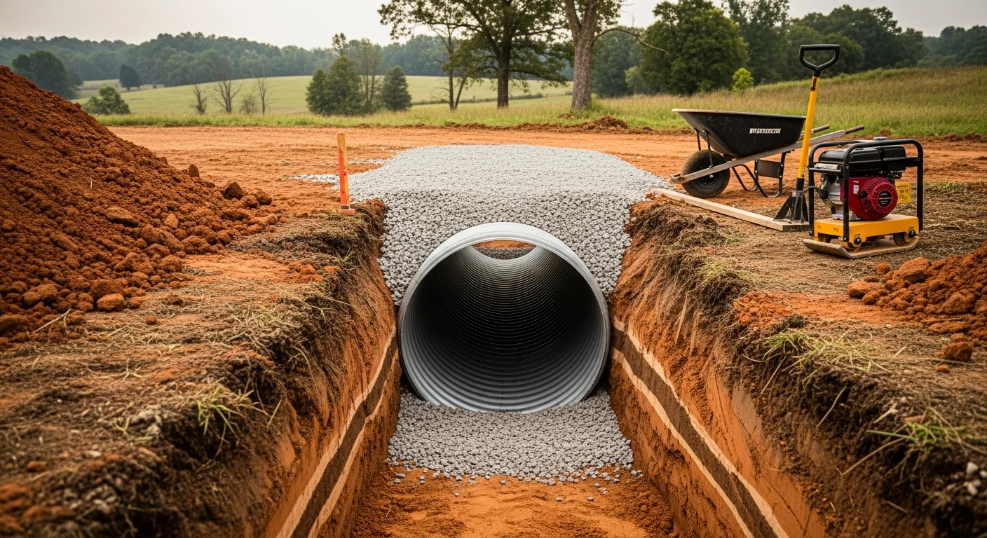 A freshly installed culvert pipe beneath a gravel driveway crossing on a rural Gallatin County property near Sparta, KY. Compacted gravel backfill covers the pipe and the ditch runs clear on both sides of the crossing.