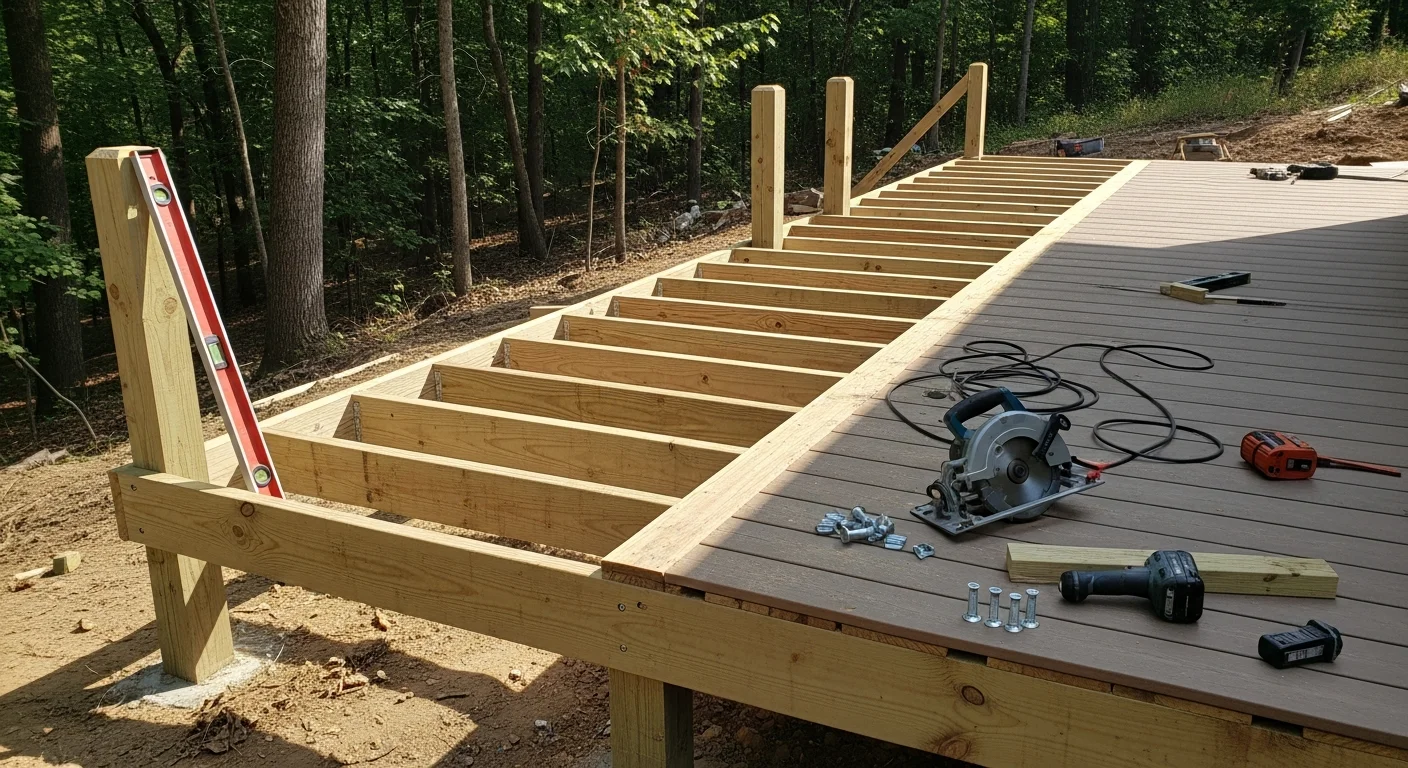 A newly installed wood-framed deck with railing attached to the back of a single-story home in Sparta, Kentucky. The deck overlooks a grassy backyard with mature trees along the property line.