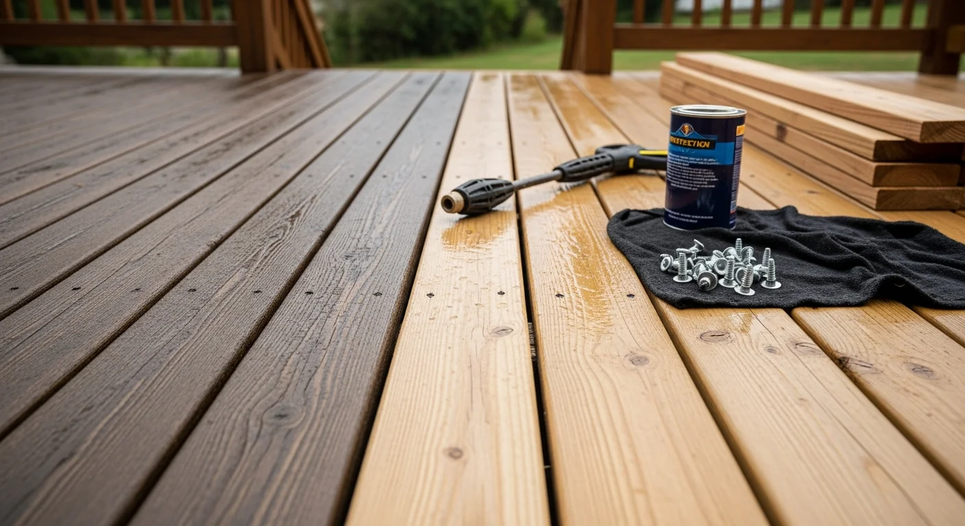 A freshly cleaned and sealed wood deck behind a Sparta, KY home, with tightened railings and uniform board surfaces showing no visible rot or discoloration. Hamilton's Dirt Works deck maintenance work on a residential property in Gallatin County, Kentucky.