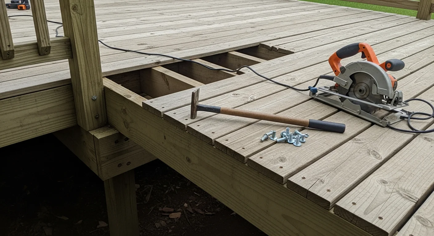 A repaired residential deck in Sparta, Kentucky with replaced decking boards and secured railings on a single-story home. Close view shows fresh lumber installed alongside the existing structure after weather damage repair by Hamilton's Dirt Works.