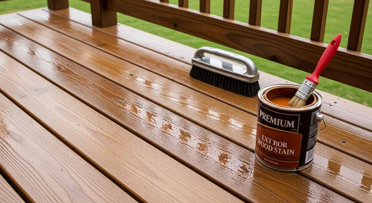 A restored wood deck on a residential property in Sparta, KY, showing freshly cleaned and stained boards with even color and no visible graying or mildew. Hamilton's Dirt Works completed the deck restoration including board inspection, surface cleaning, and protective stain application.