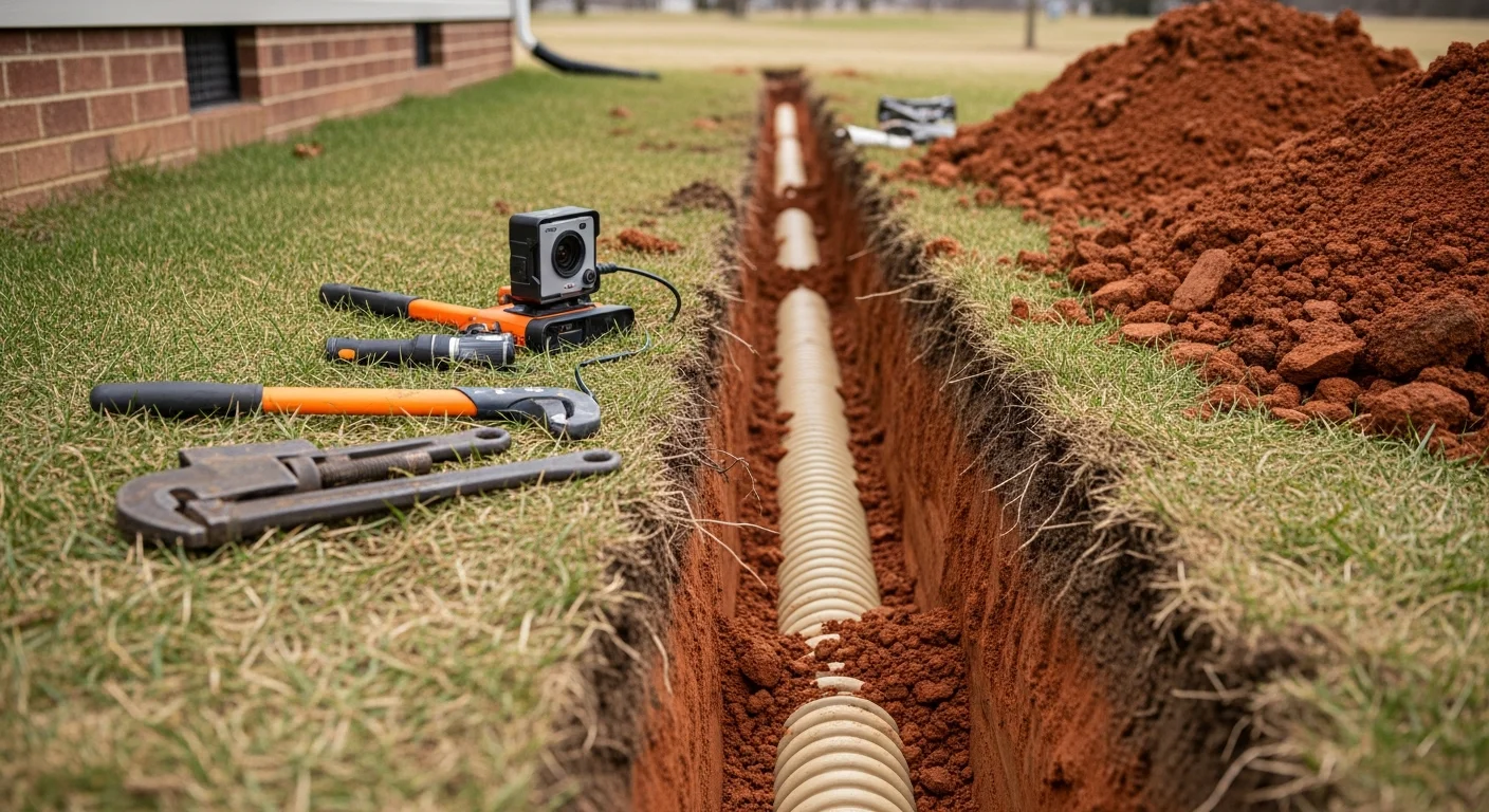 A repaired residential drain line exposed in a trench on a Sparta, KY property, showing corrected pipe alignment in clay-dense soil. The surrounding yard shows graded earth ready for backfill after drainage work by Hamilton's Dirt Works.