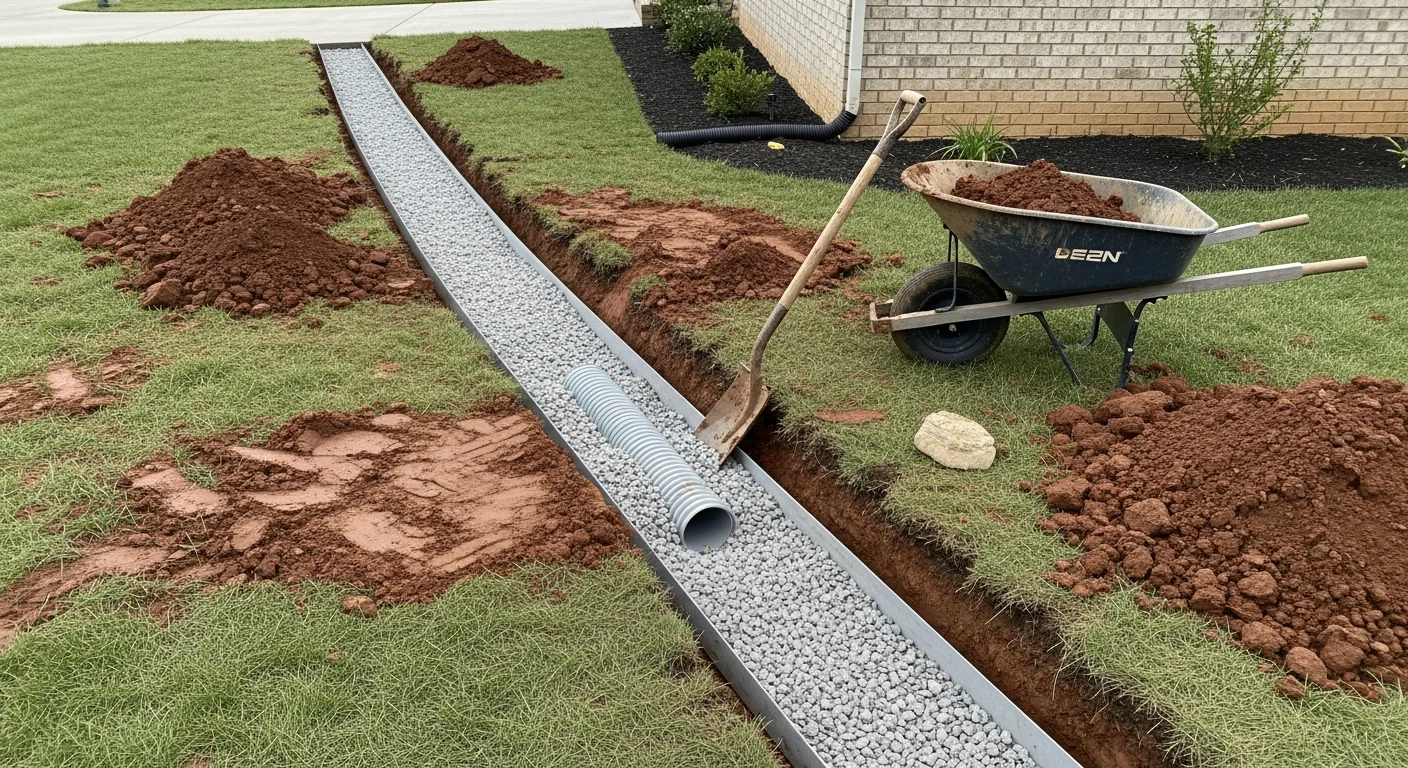 A freshly installed French drain trench running along the side yard of a residential property in Sparta, KY, with gravel fill and perforated pipe visible before backfill. The surrounding lawn shows graded soil sloping away from the home's foundation.