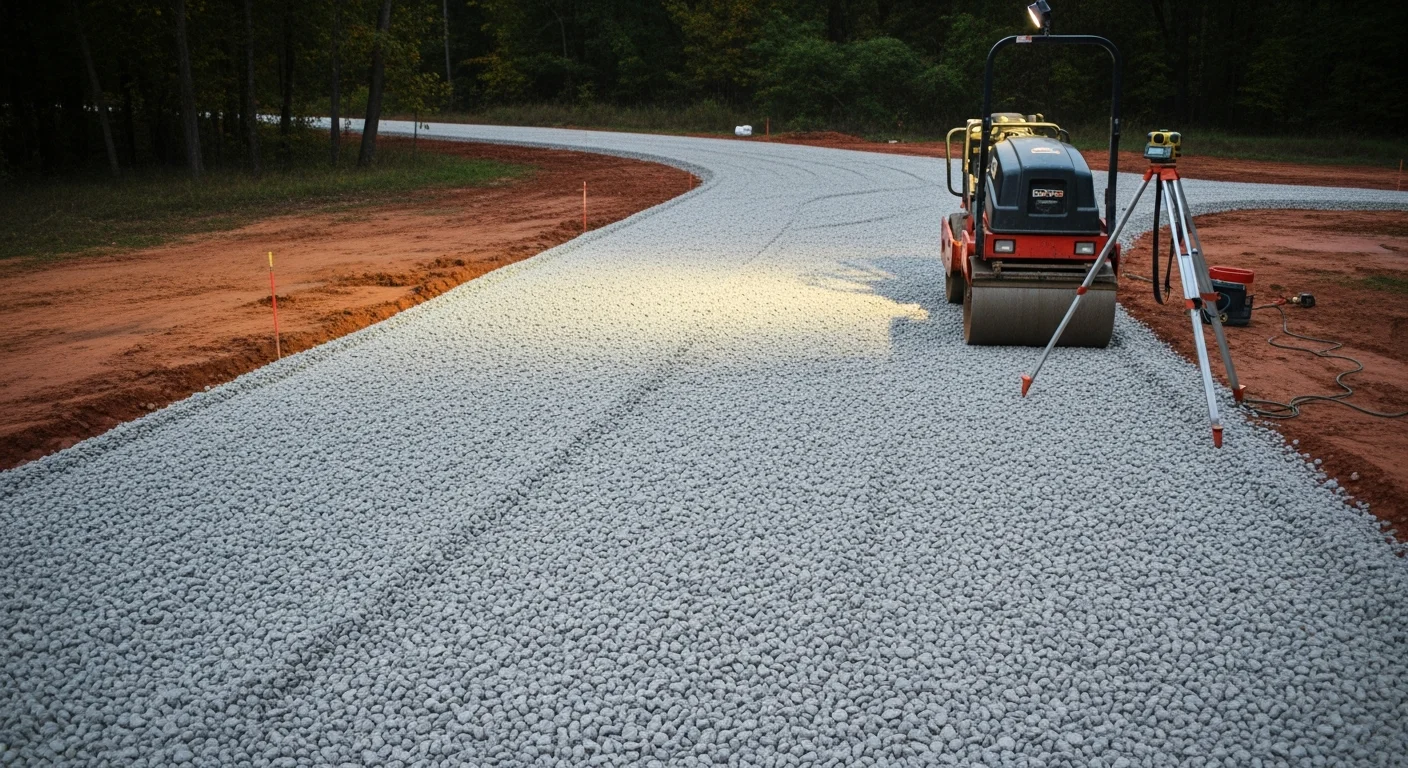 A newly installed gravel driveway leading to a rural residential property in Sparta, Kentucky, with a compacted base surface and graded edges. The surrounding landscape shows the rolling terrain and open lots typical of Gallatin County.