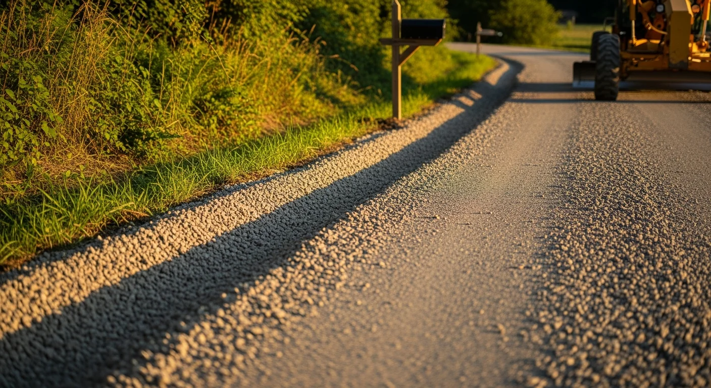 A freshly graded and compacted gravel driveway on a rural property in Sparta, KY, with a defined crown and clean edges. The surface shows even stone coverage and clear drainage channels along both sides.