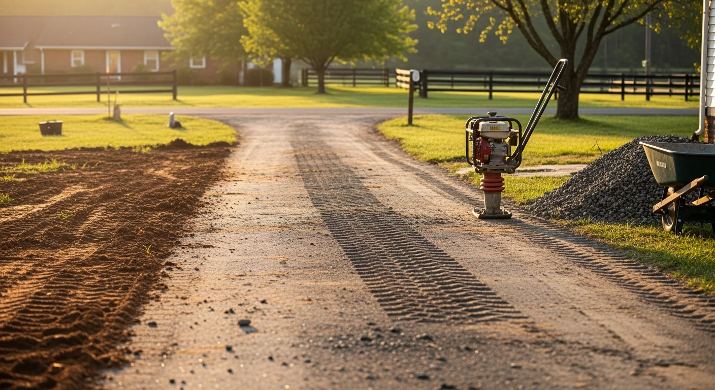 A repaired gravel driveway on a rural residential property in Sparta, KY, showing a smooth, freshly graded surface with defined edges and no visible ruts or potholes. The driveway leads toward a home set back from a county road in Gallatin County.