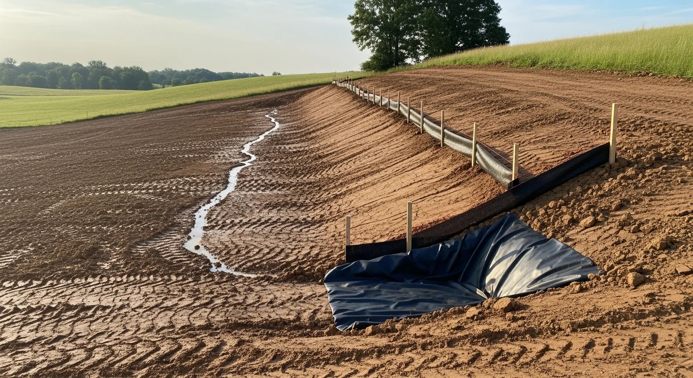 A stabilized sloped yard in Sparta, KY showing graded soil with erosion control measures applied along a drainage channel. The surrounding Gallatin County terrain is visible in the background with rolling hills and cleared land.