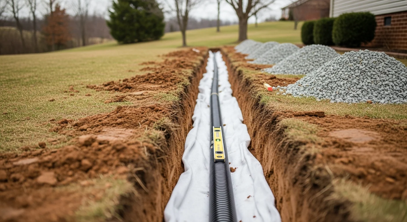 A freshly installed French drain trench in a residential backyard in Sparta, Kentucky, showing a gravel-filled channel with perforated pipe running along the base of a clay-soil yard. The system exits toward a lower area of the property away from the home's foundation.