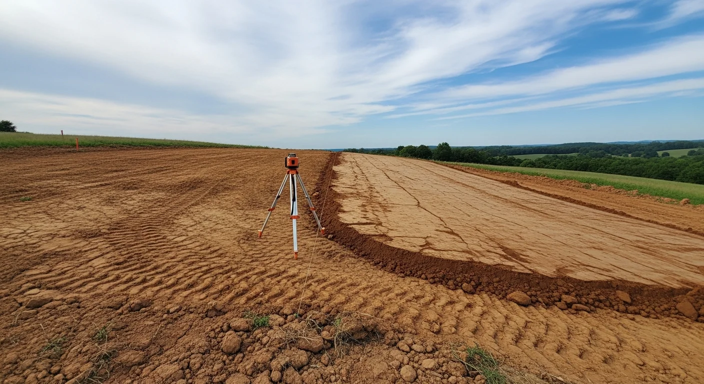A freshly graded residential lot in Sparta, Kentucky with smooth, compacted soil sloping away from a home foundation. Heavy equipment tracks are visible across the leveled surface, showing recent dirt work on a rural Gallatin County property.