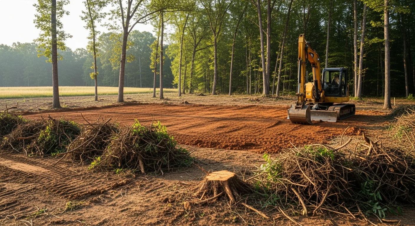 A freshly cleared rural lot in Sparta, Kentucky with stumps removed and soil leveled, surrounded by remaining tree lines on the property edge. An excavator is visible in the background on a Gallatin County job site prepared for construction.