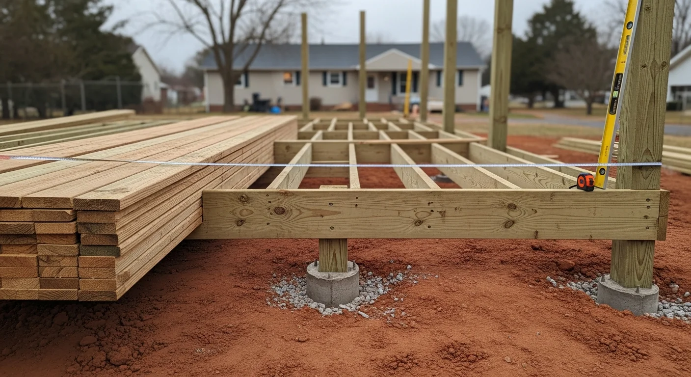 A newly built residential deck attached to the back of a single-family home in Sparta, Kentucky, with wood framing and a clean railing line visible against a grassy sloped yard. The structure shows level decking boards and properly spaced posts set into the ground.