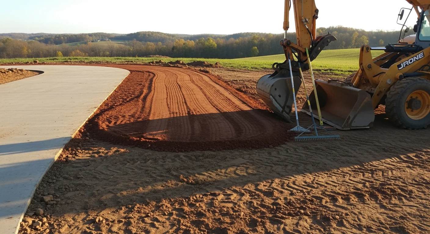 A freshly graded residential driveway at a rural Sparta, KY property with compacted base material and clean drainage slope. Hamilton's Dirt Works equipment visible on site during a Gallatin County driveway installation.
