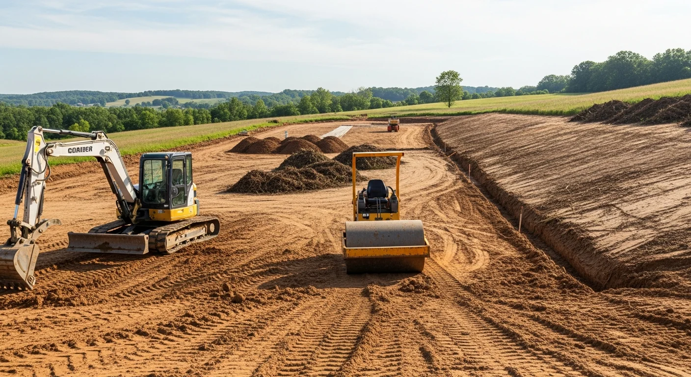 A graded and cleared build site in Sparta, Kentucky with compacted soil and defined lot boundaries ready for foundation work. Excavation equipment sits at the edge of the leveled pad on a rolling Gallatin County property.