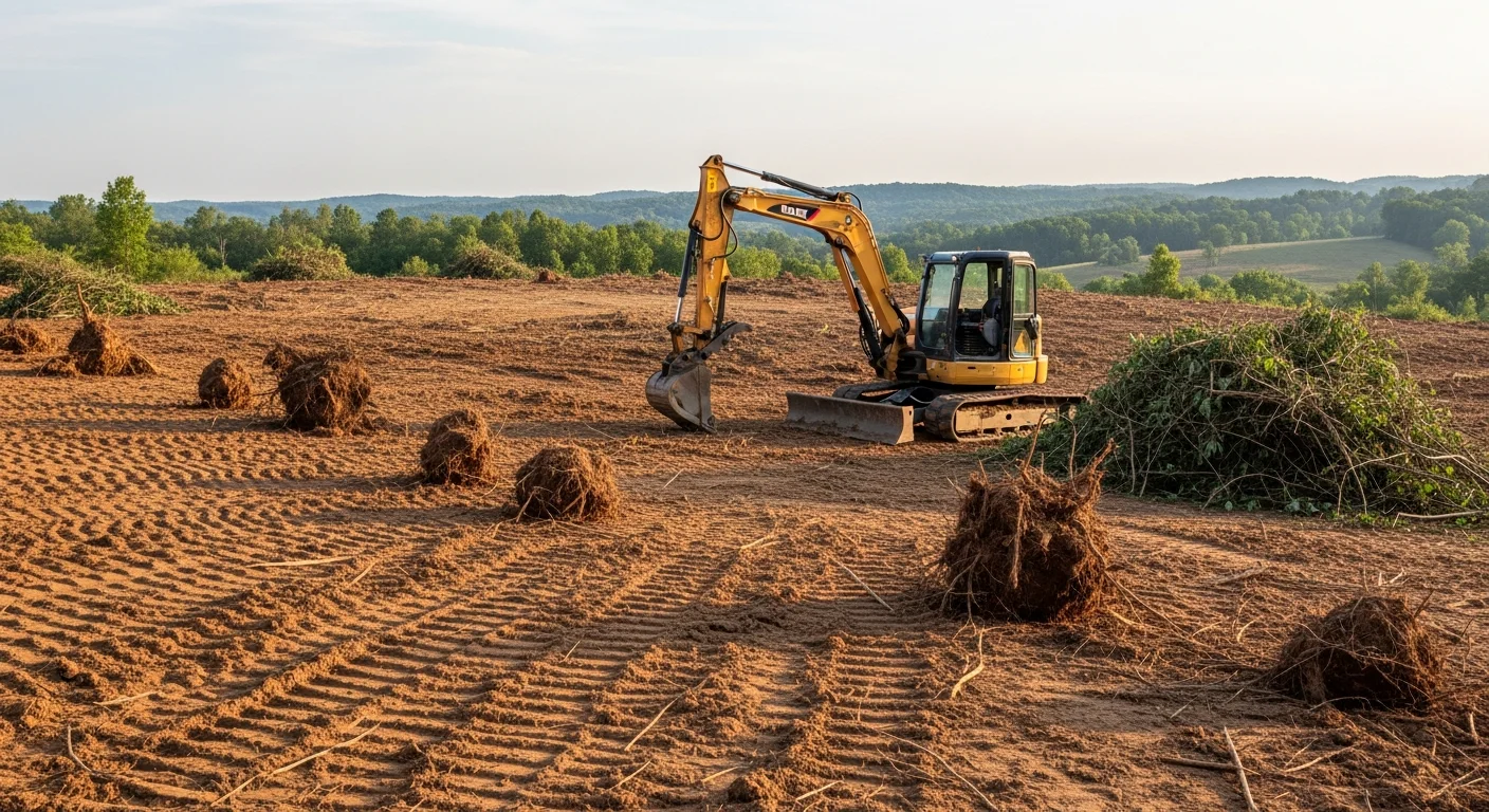 A cleared rural lot in Sparta, KY after vegetation removal, showing bare ground with stumps and brush removed and the surrounding tree line intact. Heavy excavation equipment is visible at the edge of the site on uneven Gallatin County terrain.
